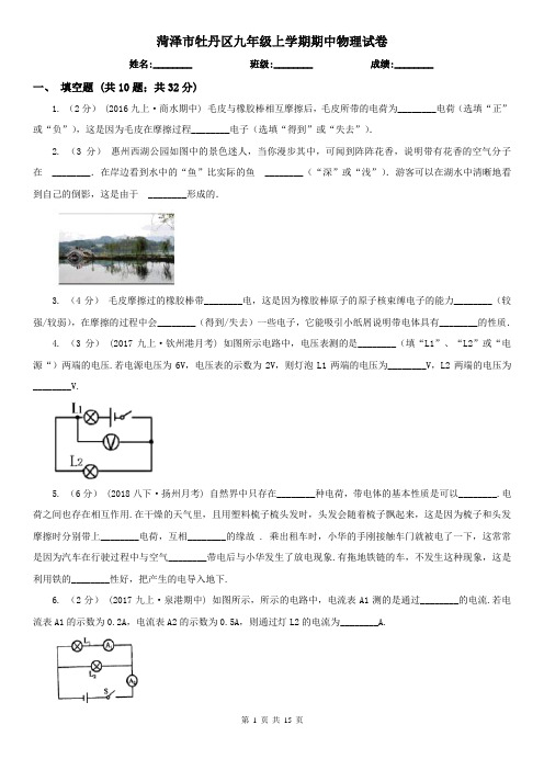 菏泽市牡丹区九年级上学期期中物理试卷