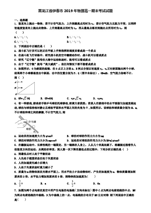 黑龙江省伊春市2019年物理高一期末考试试题