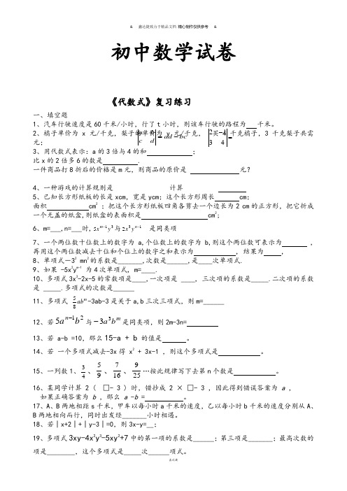 湘教版数学七年级上册                《代数式》复习练习.docx