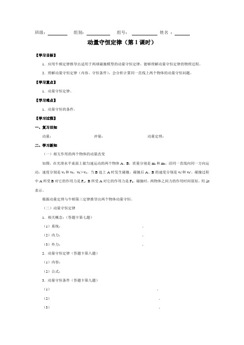 1.3动量守恒定律(两课时)导学案高二上学期物理人教版选择性