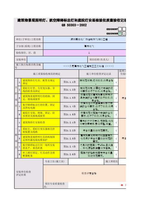 建筑物景观照明灯、航空障碍标志灯和庭院灯安装检验批质量验收记录表