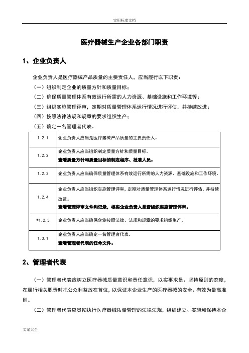 医疗器械生产企业各部门职责