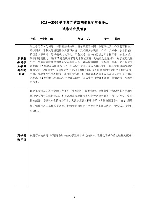 八年级物理教学质量评估试卷评价反馈表样表