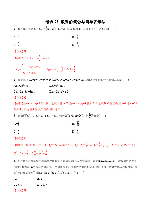 2020届高考数学(理)一轮必刷题 专题28 数列的概念与简单表示法(解析版)