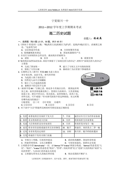 宁夏银川一中11-12学年高二上期末考试--历史.