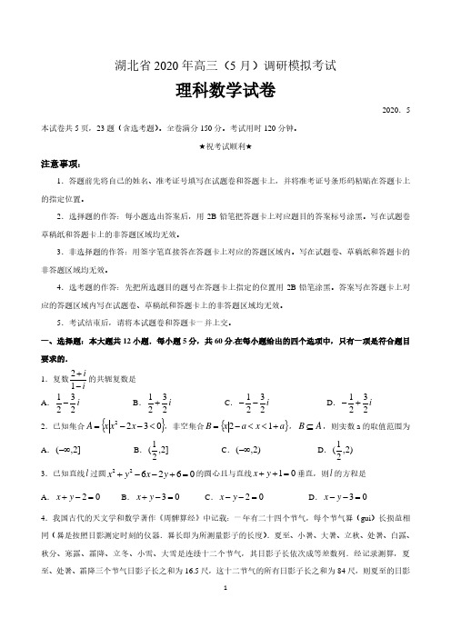 湖北省2020届高三(5月)调研模拟考试数学(理科)试卷 含答案