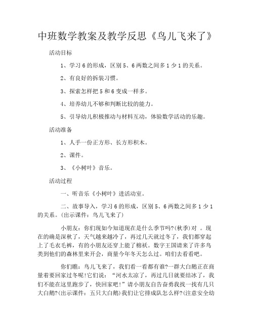 中班数学教案及教学反思《鸟儿飞来了》