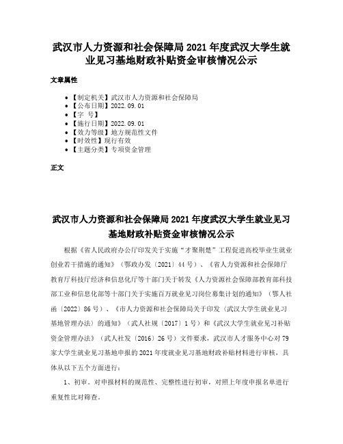 武汉市人力资源和社会保障局2021年度武汉大学生就业见习基地财政补贴资金审核情况公示