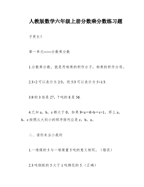 人教版数学六年级上册分数乘分数练习题