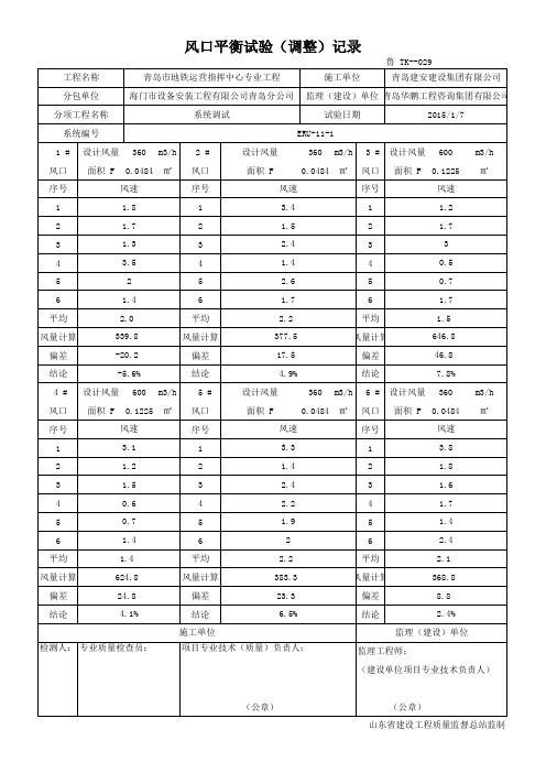 ERU-11-1风口风量平衡记录