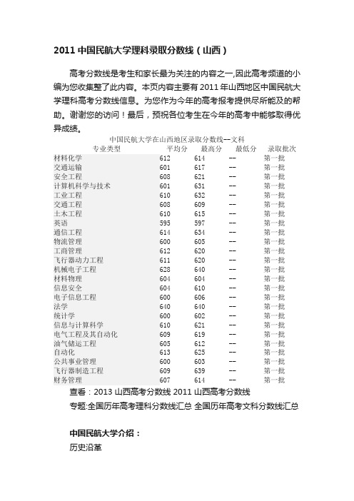 2011中国民航大学理科录取分数线（山西）