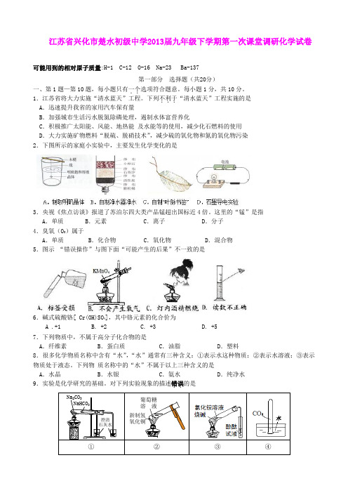 江苏省兴化市楚水初级中学2013届九年级下学期第一次课堂调研化学试卷