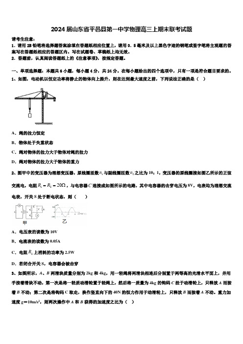 2024届山东省平邑县第一中学物理高三上期末联考试题含解析