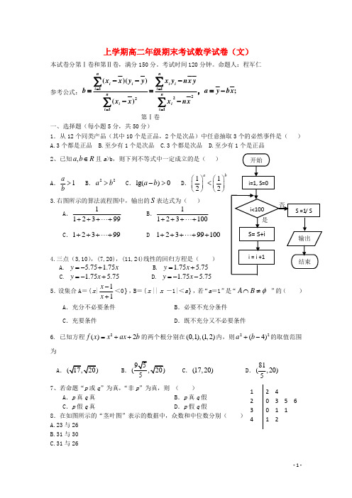 江西省 高二数学上学期期末考试 文