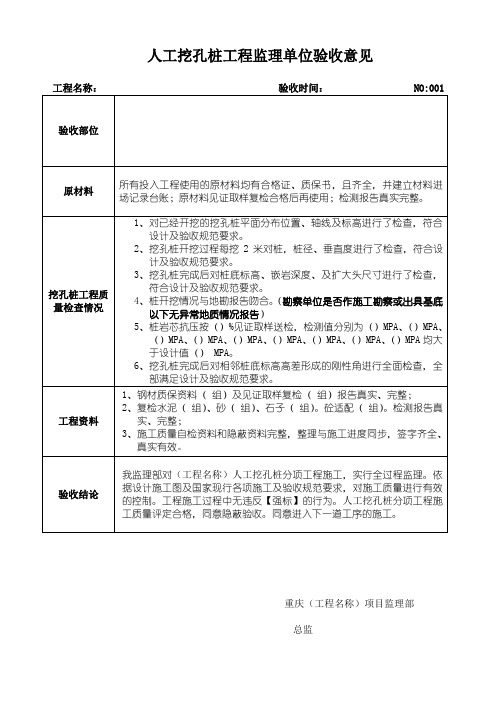 人工挖孔桩分项工程监理单位验收意见