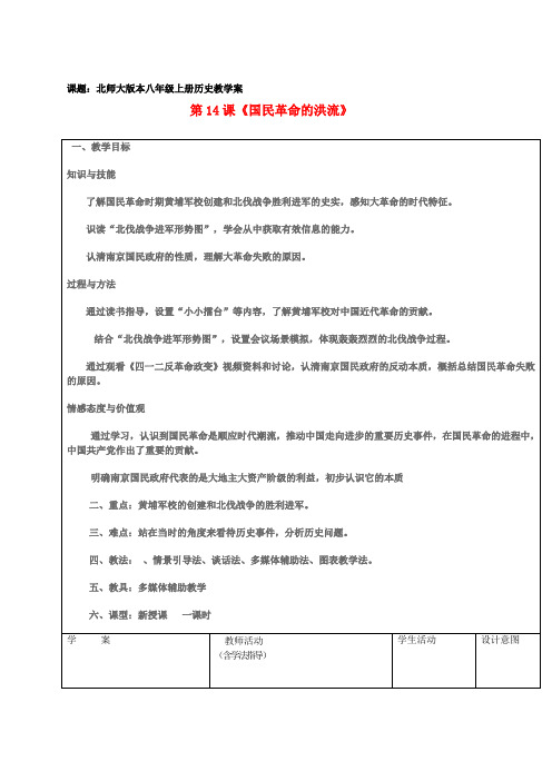 八年级历史上册 第14课《国民革命的洪流》教学案 北师大版