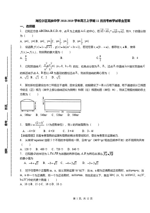 海拉尔区民族中学2018-2019学年高三上学期11月月考数学试卷含答案