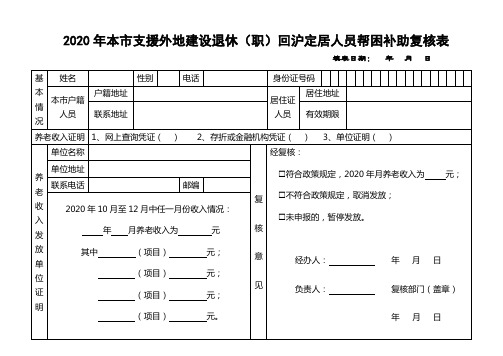 2020年本市支援外地建设退休(职)回沪定居人员帮困补助复核表