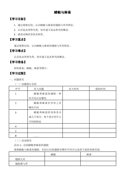 3年级科学学案-蜻蜓与麻雀-优秀