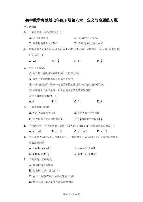 初中数学鲁教版(五四制)七年级下册第八章1定义与命题练习题 