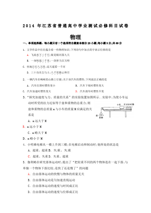 江苏小高考物理试题及答案