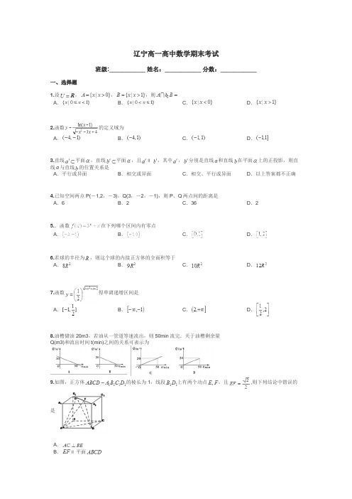 辽宁高一高中数学期末考试带答案解析
