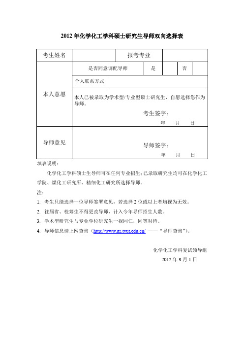 2012年化学化工学科硕士研究生导师双向选择表