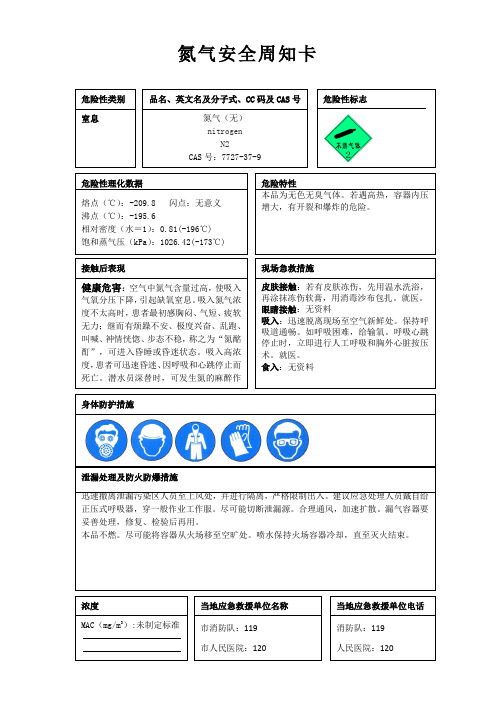 氮气安全周知卡、职业危害告知卡、理化特性表