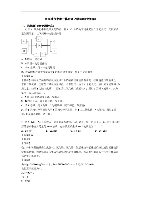 张家港市中考一模测试化学试题(含答案)