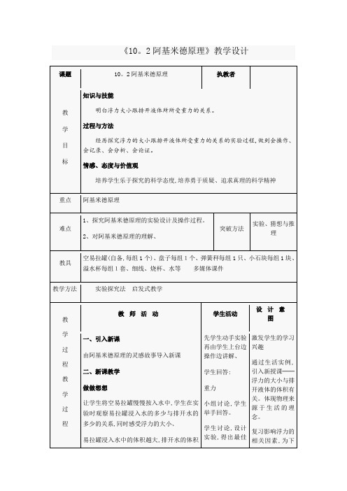 人教版初中物理八年级下册 阿基米德原理教案