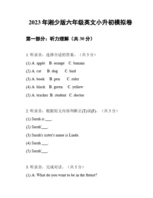 2023年湘少版六年级英文小升初模拟卷