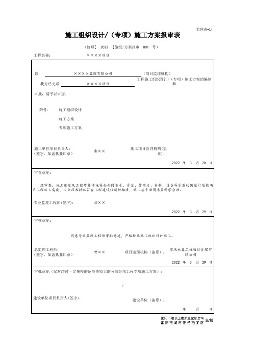 监理表-14 施工组织设计(专项)施工方案报审表