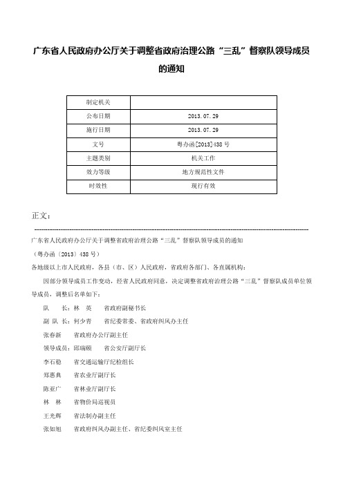 广东省人民政府办公厅关于调整省政府治理公路“三乱”督察队领导成员的通知-粤办函[2013]438号