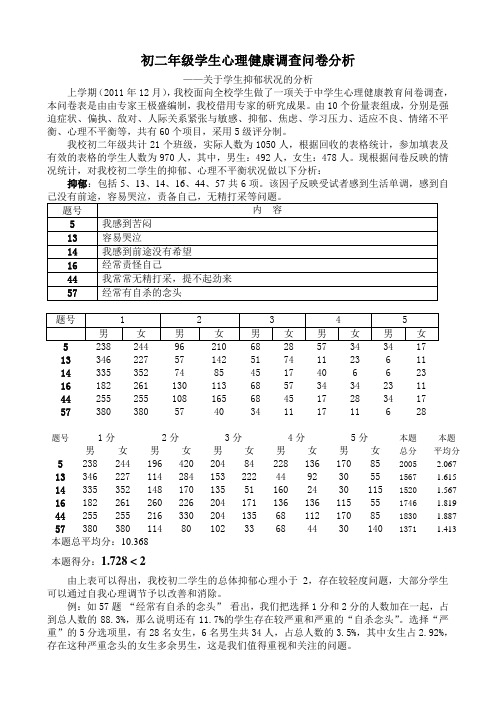 初二年级学生抑郁状况分析