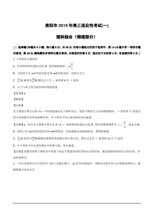 贵州省贵阳市2019届高三下学期适应性考试理科综合物理试题(附解析)