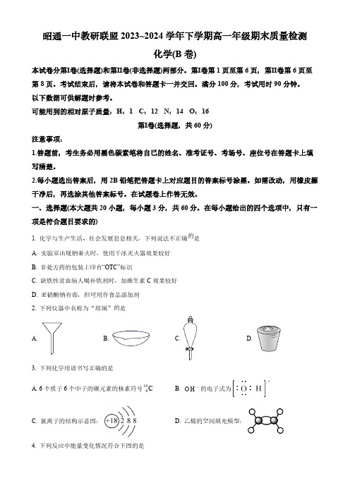 云南省昭通市第一中学教研联盟2023-2024学年高一下学期期末质量检测化学(B卷)试题(含答案)