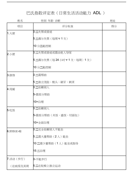 巴氏指数评分表