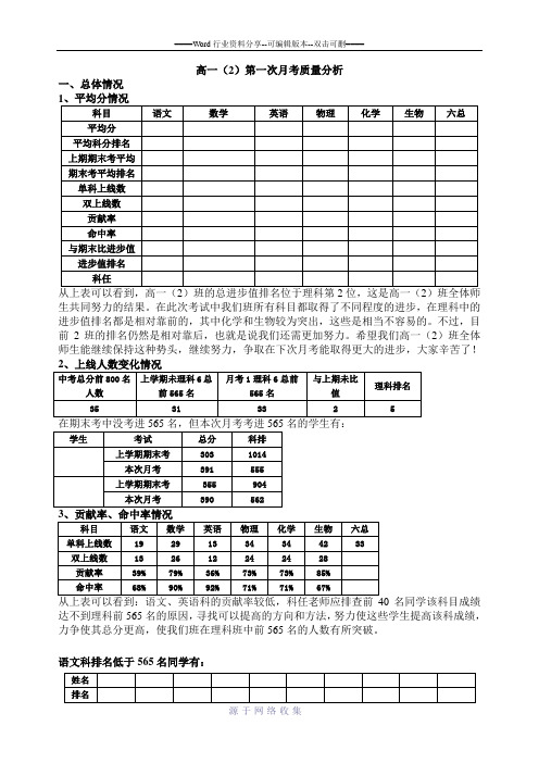 高一(2)班月考成绩质量分析