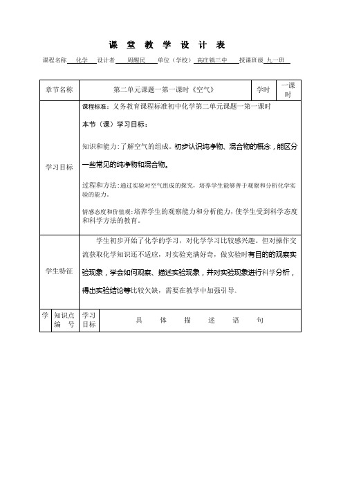 人教版初中化学九年级上册 课题1 空气 教案教学设计教学反思