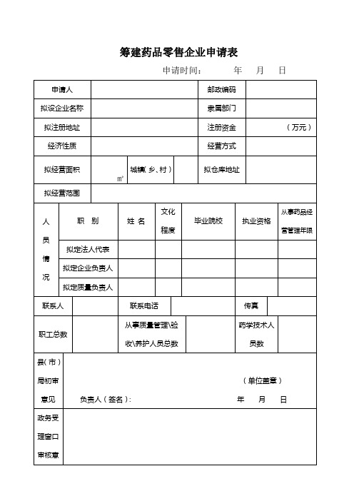 筹建药品零售企业申请表