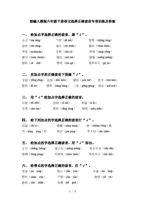 部编人教版六年级下册语文选择正确读音专项训练及答案