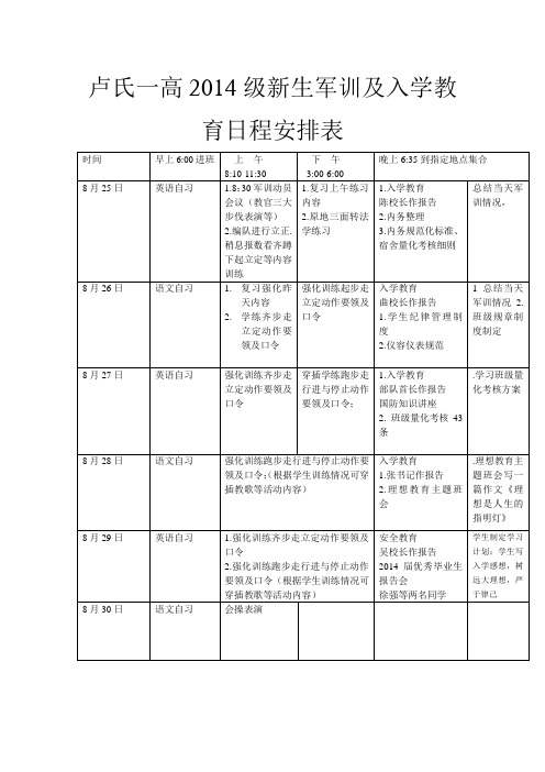 卢氏一高2014级新生军训及入学教育日程安排表12份