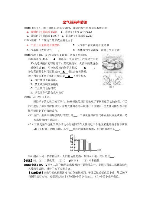 云南省广南县篆角乡初级中学校2013年中考化学试题汇编 2 我们身边的物质 考点8 空气 3空气污染和防治 2酸雨