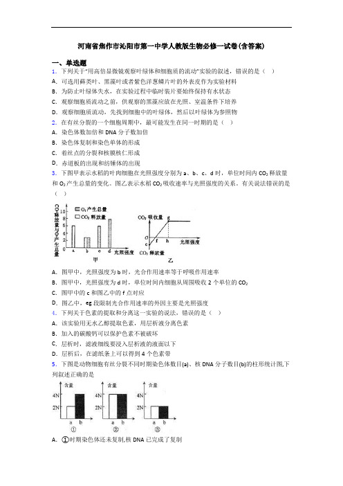 河南省焦作市沁阳市第一中学人教版生物必修一试卷(含答案)