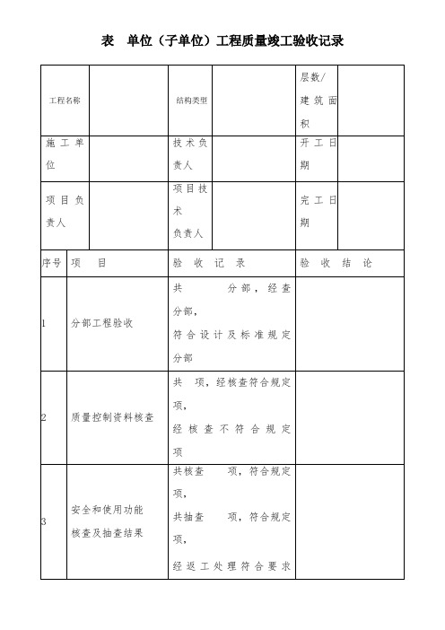 单位(子单位)工程质量竣工验收记录、单位工程质量控制资料核查记录