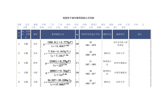 我国若干城市暴雨强度公式列表