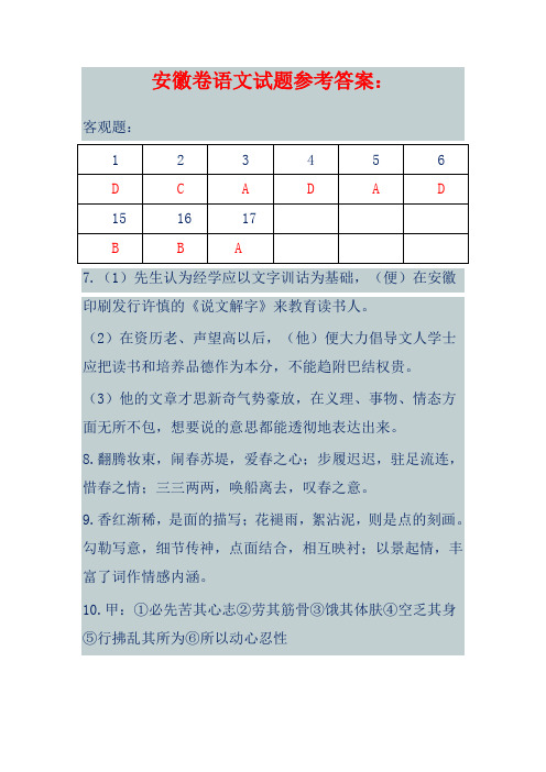 2014年高考安徽卷语文试题参考答案