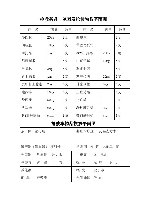 急救车抢救药品一览表及抢救物品平面