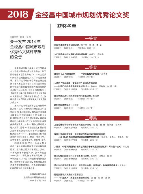 关于发布2018年金经昌中国城市规划优秀论文奖评结果的公告