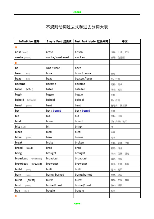 不规则动词过去式和过去分词表(含音标及中文)